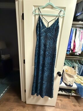 Xscape Teal Blue Sequin Maxi Slip Dress with Strappy Back